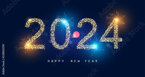 Happy New 2024 Year poster template with bokeh an light effects.