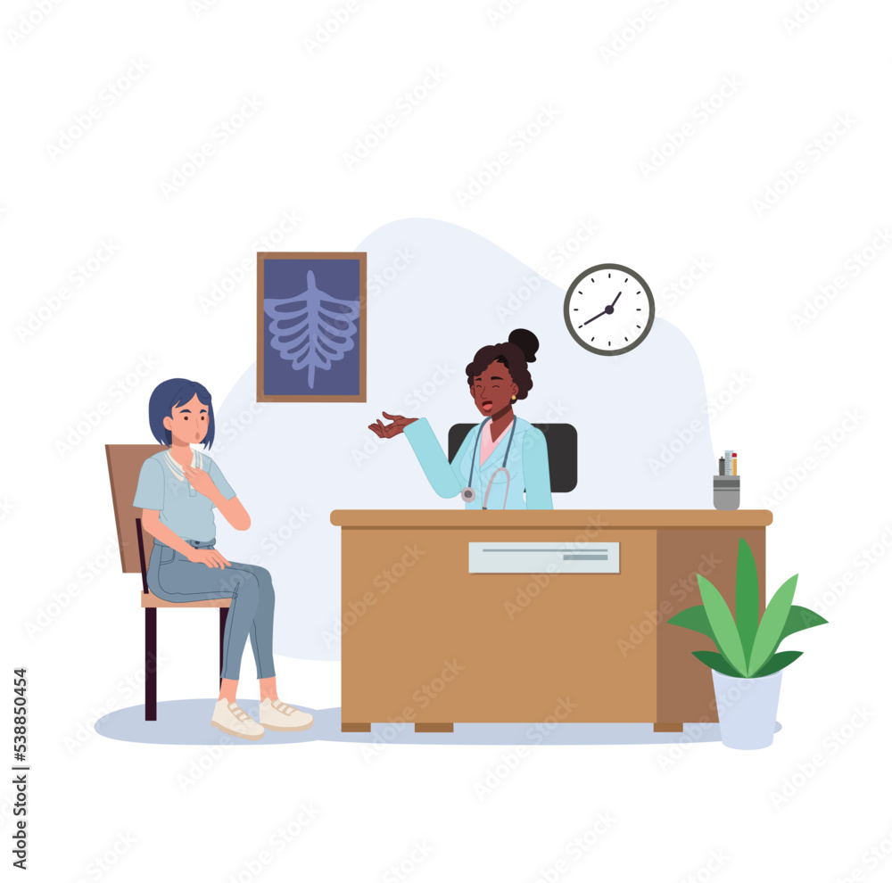 Obraz premium african female Doctor or medical adviser sitting at desk and giving consultation to patient. woman at physician s office, clinic or hospital. vector illustration