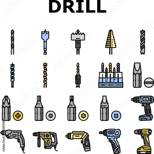drill equipment construction icons set vector. machine power, industry work, industrial tool, drilling electric technology, repair drill equipment construction color line illustrations