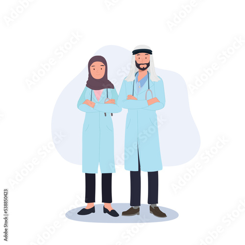 Medical Characters. Middle Eastern Medics. Arab doctors, team of doctors concept. Muslim people vector illustration.