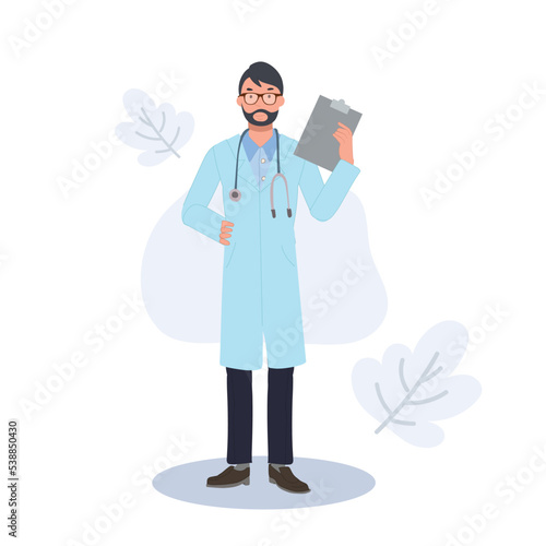 Health care hospital worker,doctor physician, practitioner, paramedic holding medical history notepad, stethoscope. , therapist. Vector illustration
