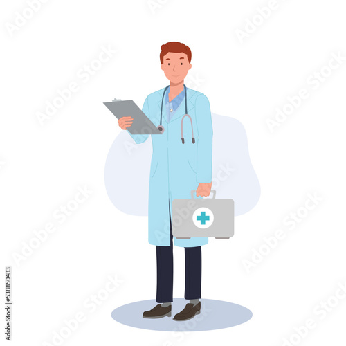  Doctor with First Aid Kit and clipboard in hands .Male characters work in Hospital. Male medical characters. Vector illustration