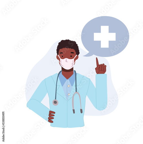 Male Afican American Doctor wearing Medical Face Mask. African-American Medical person profession. Doctor and hospital staff with speech bubble. Vetor illustration