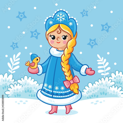 Vector illustration with Snow Maiden and a bird in the snow. Christmas card in cartoon style