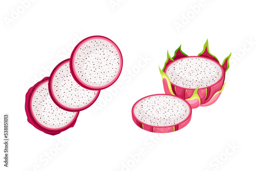 Pitaya or Pitahaya Fruit of Cactus Species with White Flesh and Black, Crunchy Seed Vector Set