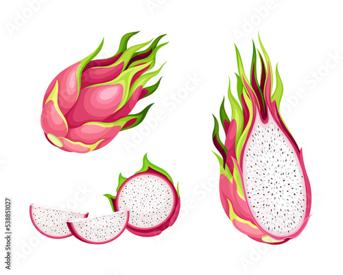Pitaya or Pitahaya Fruit of Cactus Species with White Flesh and Black, Crunchy Seed Vector Set