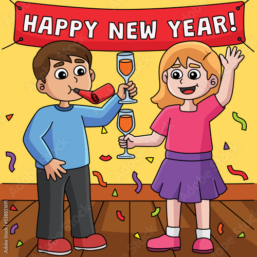 Children Celebrating New Year Colored Cartoon 