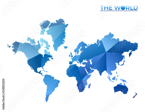 Vector polygonal world map in a vibrant geometric low poly style. Captivating illustration for infographics, representing technology, internet, and network concepts.