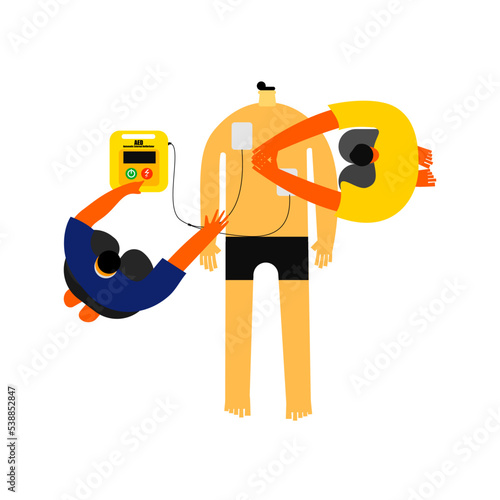 Illustration of a cardiopulmonary Resuscitation with an automatic external defibrillator by two persons.