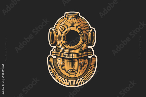 Sticker with diver's helmet in engraved style. Diving vintage symbol. Vintage vector illustration for postcard, book or tattoo design.