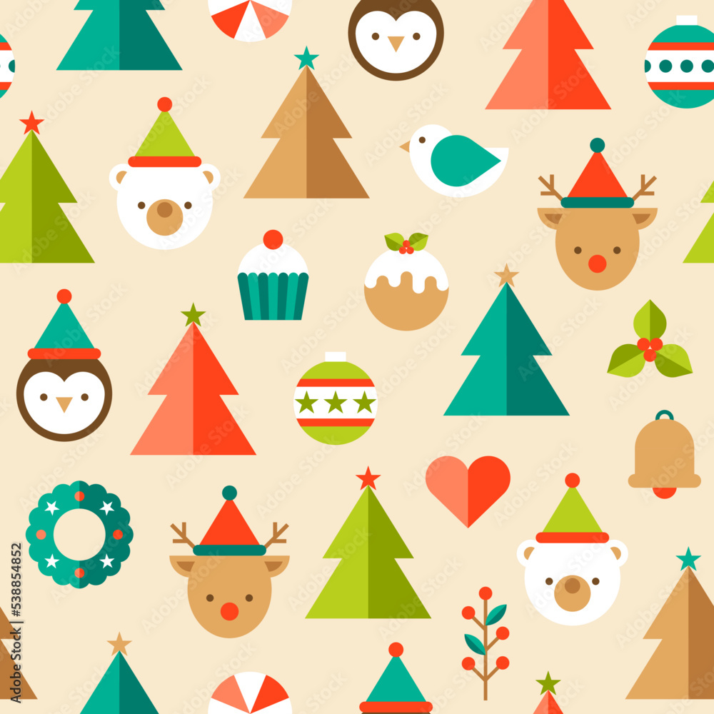 Cute geometric animals and christmas elements seamless pattern background.