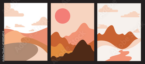 
Set of Abstract Landscapes  Modern Contemporary background sunset  Mountains, hills, waves shapes. Vector illustration trendy art flat minimalist style template banner.