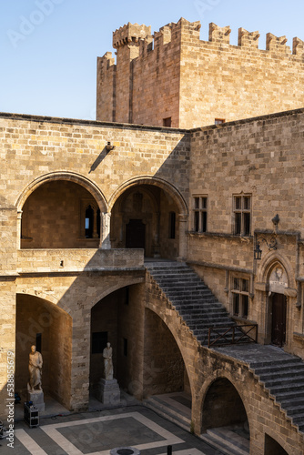 Stone building with arches in the ancient city of Rhodes in Greece