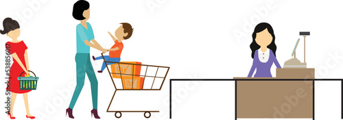 Woman cashier with barcode scanner and people with purchases isolated on white background.