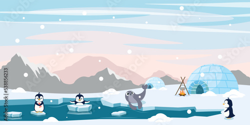 Vector illustration of the North Pole. Cartoon ice landscape with penguins, fur seal, eskimo needles of mountains backdrop. photo