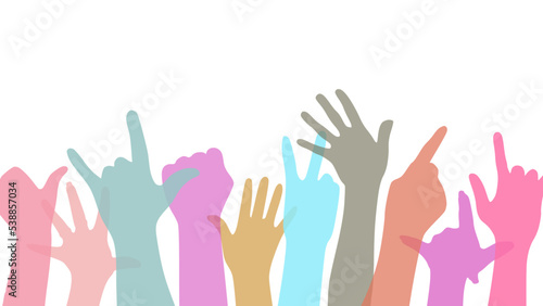 Colorful Silhouettes of hands making gestures about love, peace and rights, vector illustration