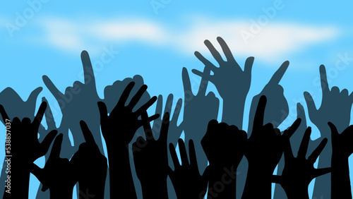 Silhouettes of hands making gestures about love, peace and rights, under a sky, vector illustration