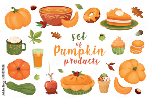 Pumpkin desserts and drinks set with isolated elements in flat cartoon design.
