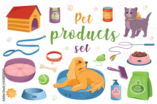 Pet products set with isolated elements in flat cartoon design.