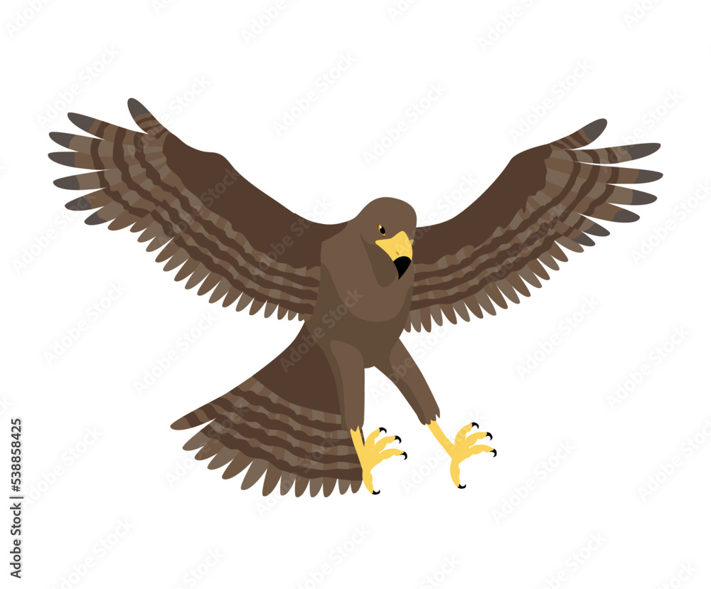 Naklejka premium Brown eagle icon. Flying bird lowers its altitude and lands. Cute animal with wings and feathers. Graphic element for printing on fabric. Social media sticker. Cartoon flat vector illustration