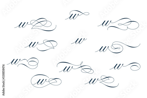 Set of beautiful calligraphic flourishes on letter w isolated on white background for decorating text and calligraphy on postcards or greetings cards. Vector illustration.