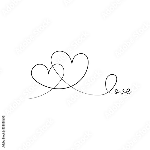 Two  vector hearts of thin lines passing into the word love.