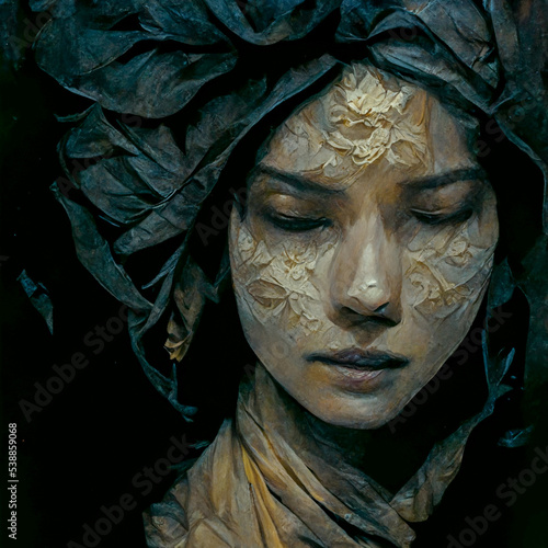 Illustration of a woman, dark background, digital art