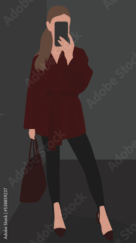 Vector flat image of a girl with blond hair. Lady in a burgundy jacket, leggings, sandals and a bag. Design for postcards, avatars, posters, backgrounds, templates, banners, textiles.