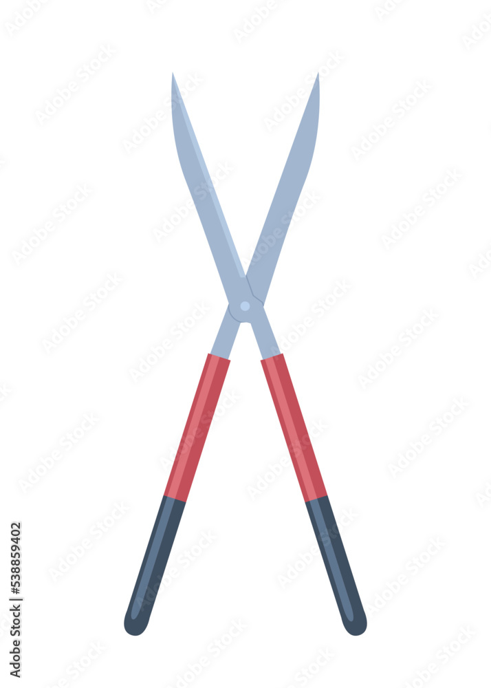 Garden red scissors. Inventory for care of private territory and cutting bushes. Love for nature and plants. Sticker for social media and messengers. Active lifestyle. Cartoon flat vector illustration Garden red scissors. Inventory for care of private territory and cutting bushes. Love for nature and plants. Sticker for social media and messengers. Active lifestyle. Cartoon flat vector illustration