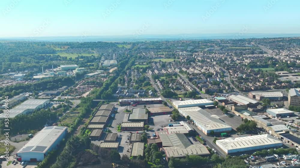 Bradford, UK: Aerial view of city in England, suburb with greenery - landscape panorama of United Kingdom from above Bradford, UK: Aerial view of city in England, suburb with greenery - landscape panorama of United Kingdom from above