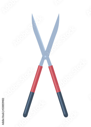 Garden red scissors. Inventory for care of private territory and cutting bushes. Love for nature and plants. Sticker for social media and messengers. Active lifestyle. Cartoon flat vector illustration