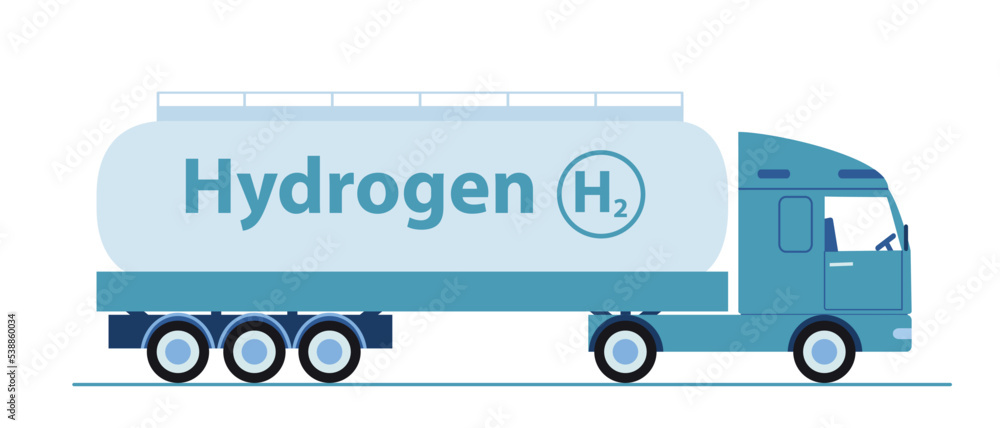 Truck with green hydrogen. Transportation of cargo and material for safe and waste free production of electricity. Responsible society, eco friendly poster or banner. Cartoon flat vector illustration