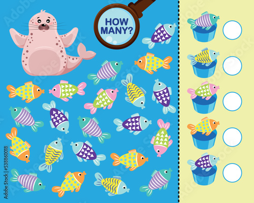 Math game for kids. Winter collection. Account and logic. sea lion eating fish