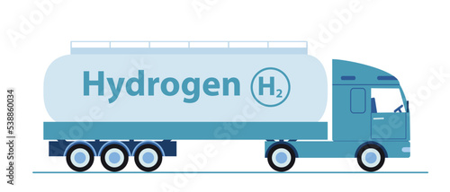 Truck with green hydrogen. Transportation of cargo and material for safe and waste free production of electricity. Responsible society, eco friendly poster or banner. Cartoon flat vector illustration