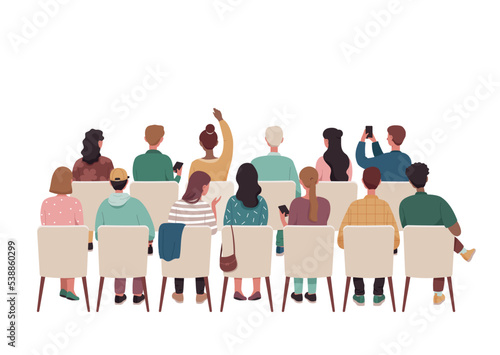 Group of people sitting. Men and women with smartphones on white chairs. Characters in cinema, concert or public speaking, master class. Outdoor leisure and rest. Cartoon flat vector illustration