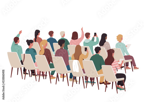 Group of people sitting. Men and women on white chairs. Crowd in cinema or at master class, audience and spectators. Public speaking, lecture and musical show. Cartoon flat vector illustration
