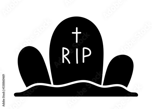 Halloween grave silhouette. Rest in peace and cross. Horror and fear, tombstone. Sticker for social networks and messengers. Cemetery landscape, granite slab. Cartoon flat vector illustration