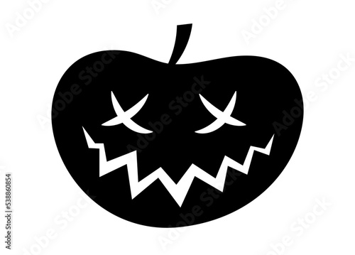 Halloween pumpkin silhouette. Vegetable with scary eyes and mouth carved with knife. Unusual hat. Symbol of fear and horror. Fantasy and imagination, mysticism. Cartoon flat vector illustration