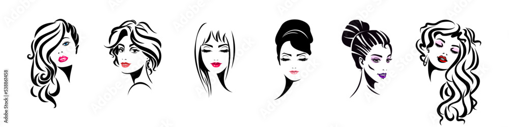 Hair and makeup themed female portraits and hairstyles horizontal banner design.
