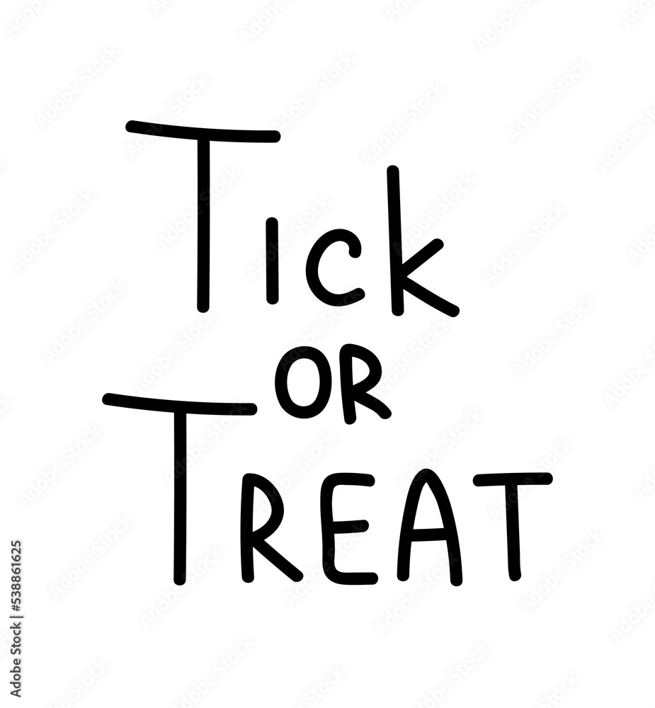 Halloween Tick or treat silhouette. Minimalistic inscription and text. Template, mockup or layout. Traditions and culture, international holiday of fear and horror. Cartoon flat vector illustration
