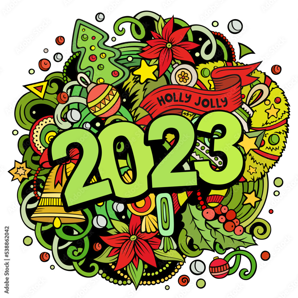 Fototapeta premium 2023 doodles illustration. New Year objects and elements poster