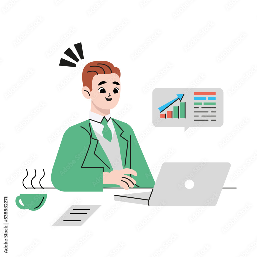Young happy businessman using laptop computer working at his desk at home office. Simple flat vector illustrations. Young happy businessman using laptop computer working at his desk at home office. Simple flat vector illustrations.