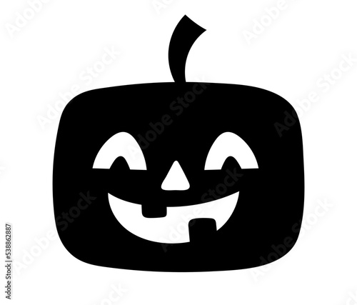 Halloween pumpkin silhouette. Vegetable with scary carved face. Abstract and minimalistic logotype. Symbol of fear and horror. Fantasy, sorcery and imagination. Cartoon flat vector illustration