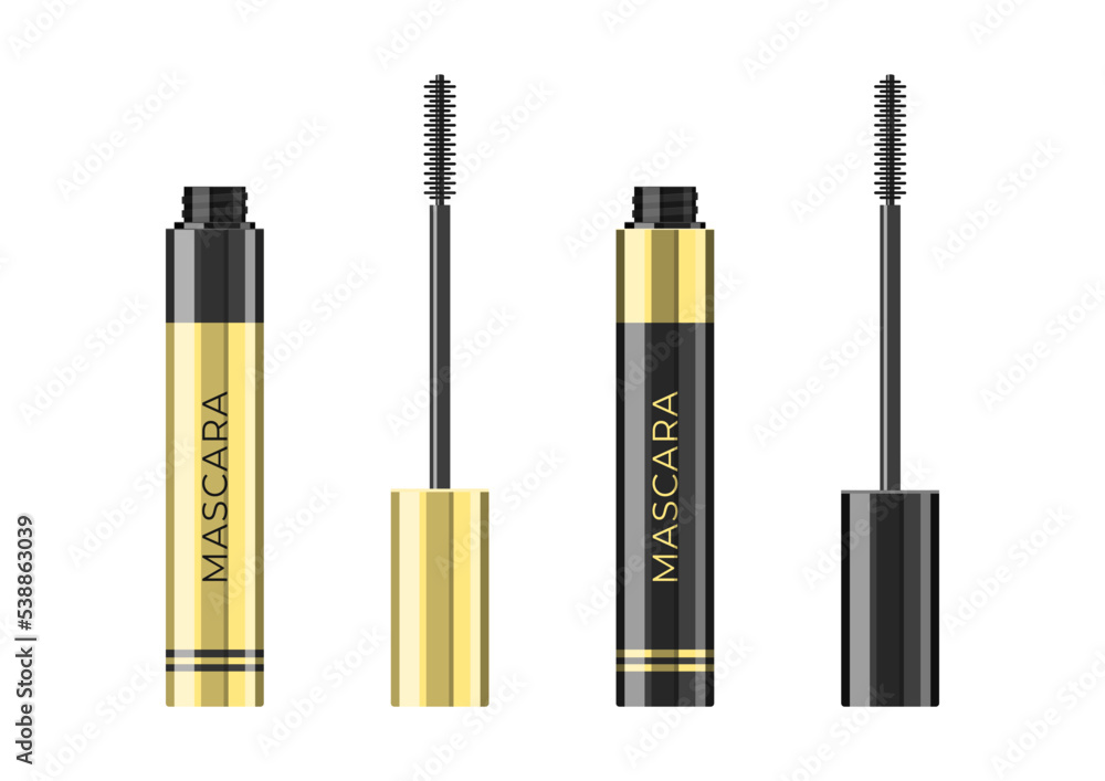 Mascara bottle and a brush. Cartoon illustration of an open gold and