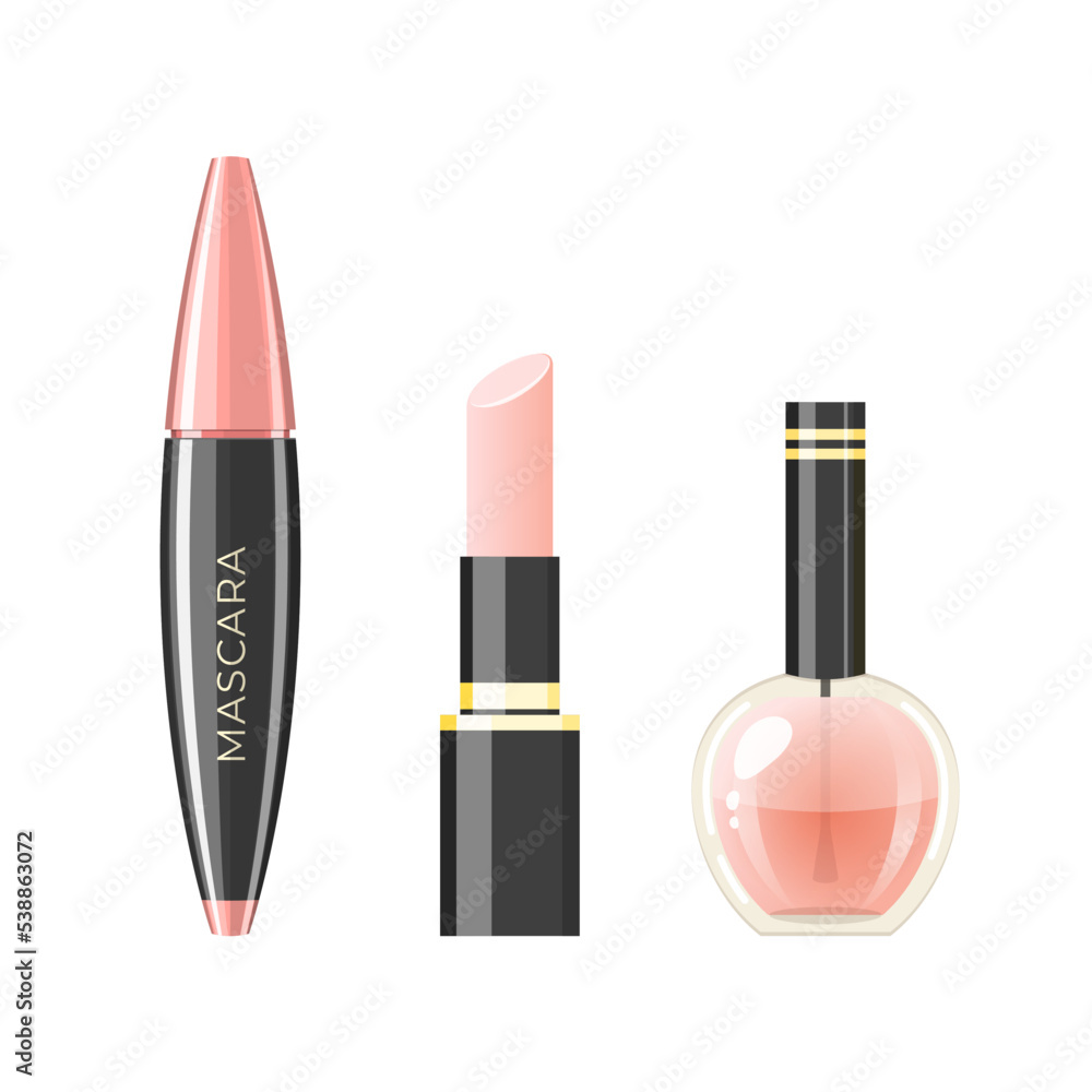 Makeup cosmetics set. Cartoon illustration of a mascara tube, pink lip stick and beige nail polish bottle isolated on a white background. Vector 10 EPS. Makeup cosmetics set. Cartoon illustration of a mascara tube, pink lip stick and beige nail polish bottle isolated on a white background. Vector 10 EPS.