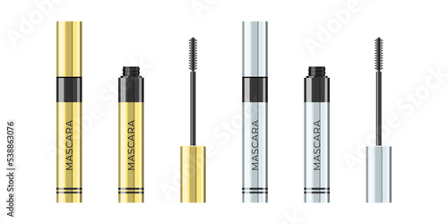 Mascara bottle and a brush. Cartoon illustration of a closed and open gold and silver tubes with a black wand isolated on a white background. Makeup for eyes. Vector 10 EPS.
