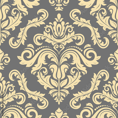 Classic seamless vector pattern. Damask orient ornament. Classic gray and yellow vintage background. Orient pattern for fabric, wallpapers and packaging