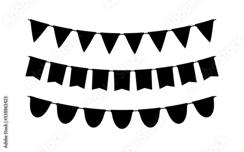 Black bunting silhouette set. Holiday flag garland collection. Black pennants chains. Flags decoration for party and celebration. Vector