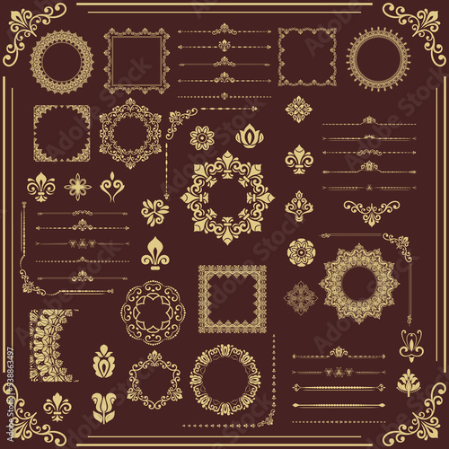 Vintage set of vector horizontal, square and round elements. Elements for backgrounds, frames and monograms. Classic patterns. Set of vintage brown and golden patterns