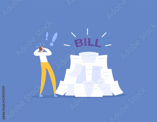 got a lot of paper bills. receive invoices. billing letters. a man is shocked and panicked because he gets a letter or email a debt, loan, or tax bill. illustration concept design